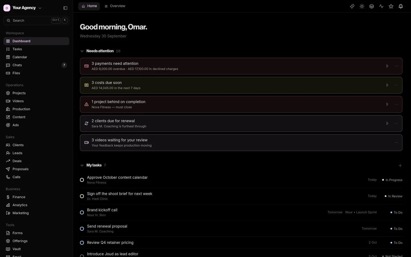 The ClipsOS owner home: Good morning, Omar, with ten things that need attention (payments, costs due, a project behind, renewals and videos to review) and the owner's tasks