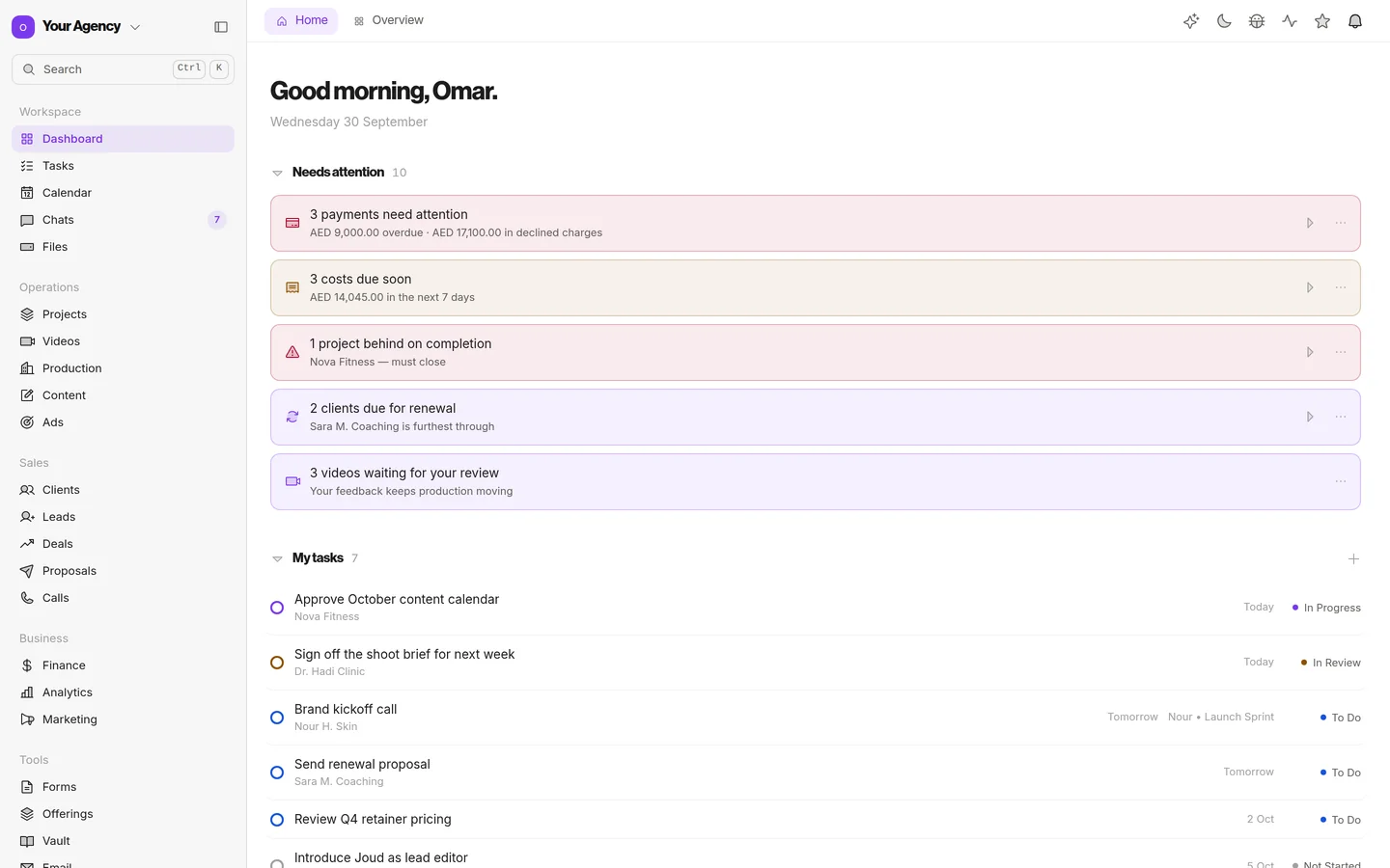 The ClipsOS owner home: Good morning, Omar, with ten things that need attention (payments, costs due, a project behind, renewals and videos to review) and the owner's tasks