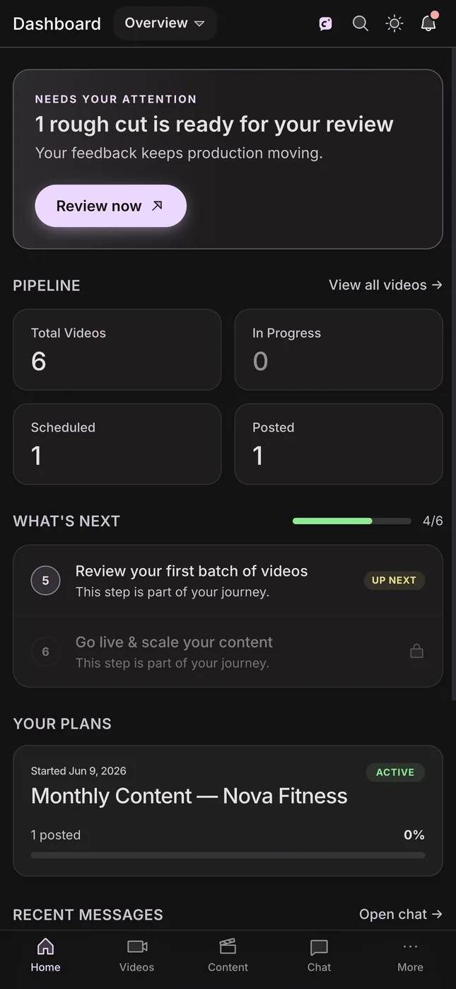 Client home in the ClipsOS app: one rough cut ready for review, pipeline counts and what's next