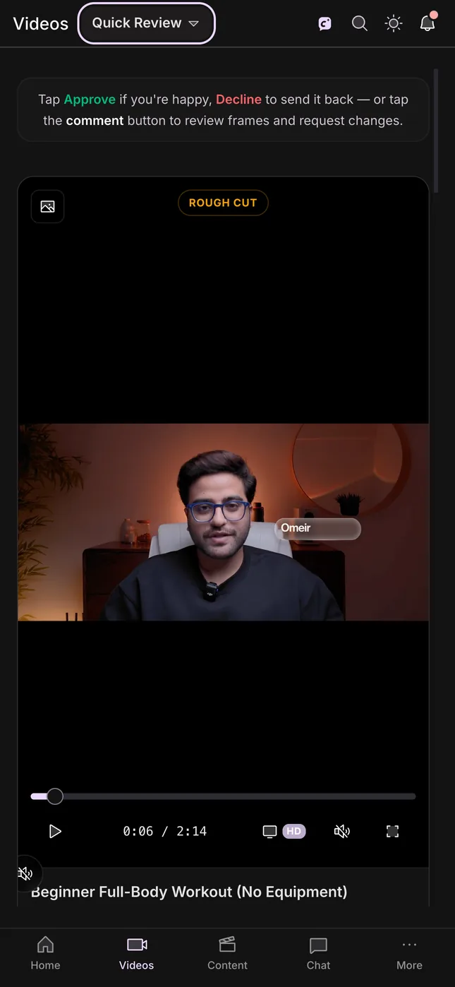 Quick Review in the ClipsOS client app, playing a workout video
